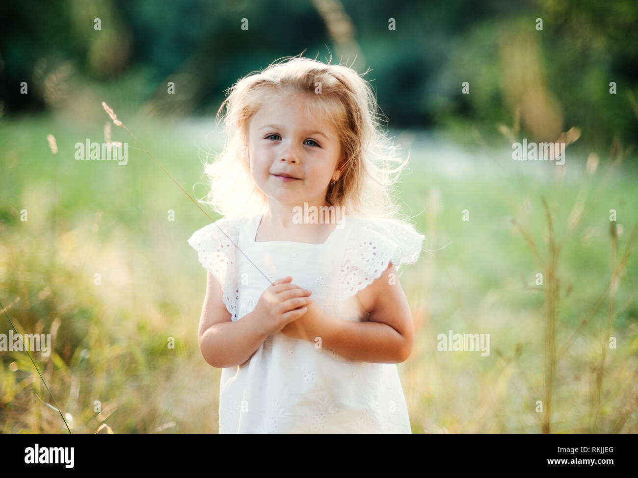 Eine Taille-up Portrait von kleinen Mädchen im sonnigen Sommer Natur. Stockfoto