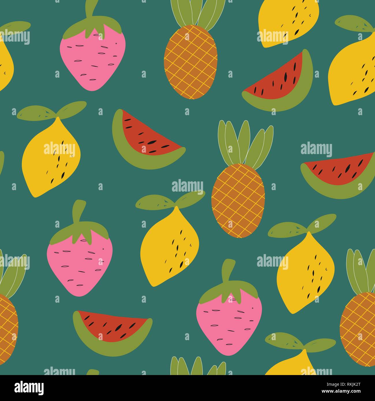 Nahtlose patern von Hand gezeichnet Sommer Früchte auf dem grünen Hintergrund. Vector Illustration. Stock Vektor