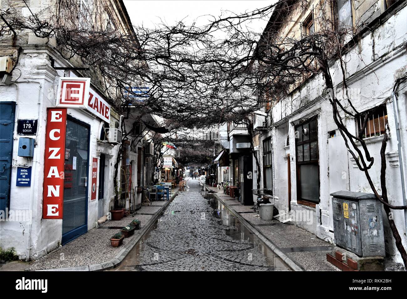 Izmir, Türkei. 26 Jan, 2019. Ein schmaler Pfad durch die Geschäfte und Wohnhäuser mit Zweigen in der Altstadt umgeben. Credit: Altan Gochre | Verwendung weltweit/dpa/Alamy leben Nachrichten Stockfoto