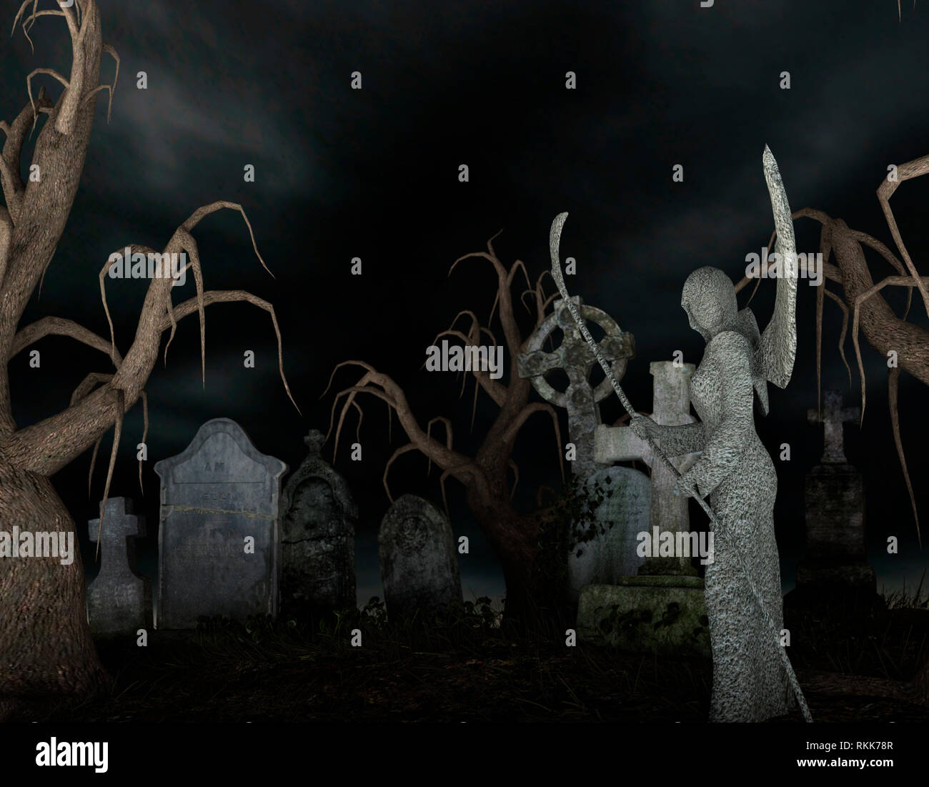 Engel des Todes in einer gespenstischen Friedhof bei Nacht - 3D-Rendering Stockfoto
