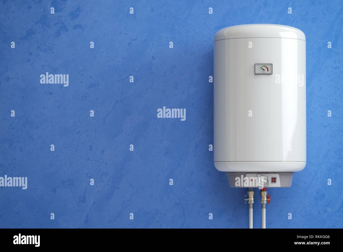 E-Boiler, Durchlauferhitzer auf der blauen Wand. 3D-Darstellung  Stockfotografie - Alamy