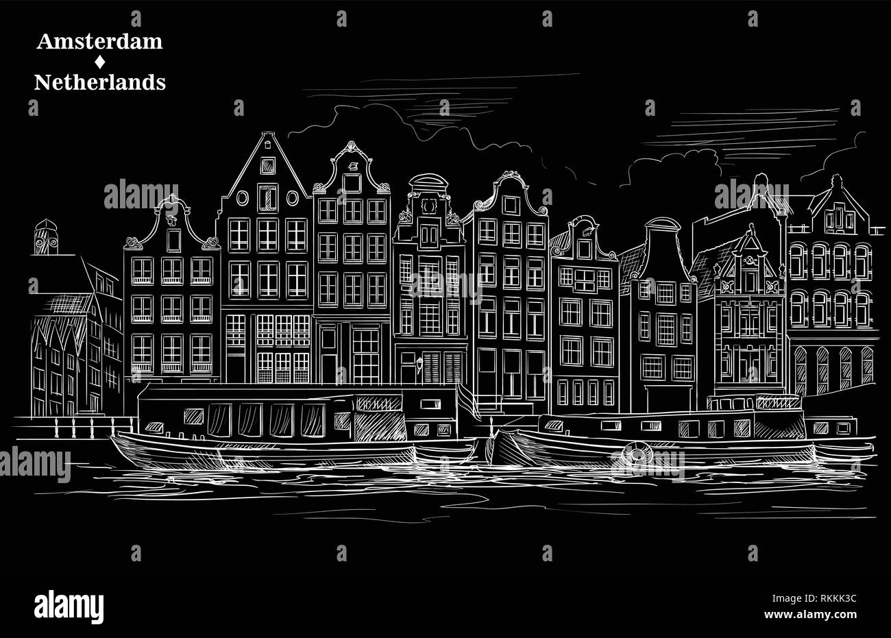 Die Häuser am Flussufer. Kanal von Amsterdam, Niederlande. Wahrzeichen der Niederlande. Vektor Gravur Abbildung in der Farbe Weiß isoliert auf Schwarz backgrou Stock Vektor