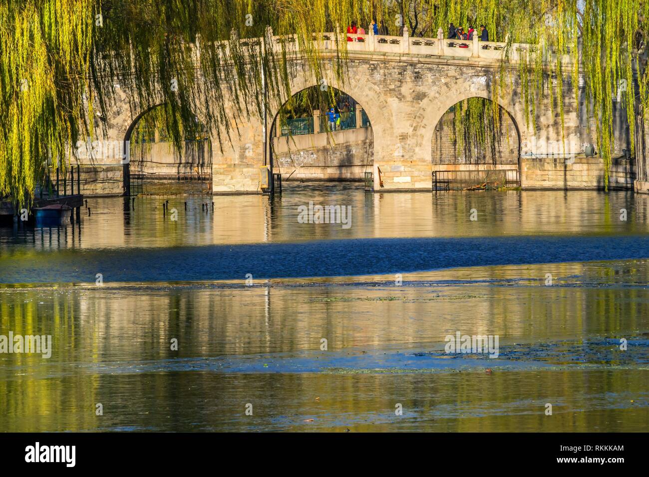 Brücke grüne Weiden Jade Blumeninsel Beijing China Beihai Park erstellt 1000 AD.. Stockfoto