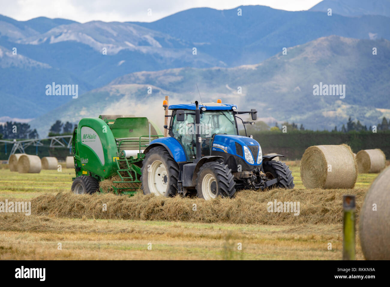 Annat, Canterbury, Neuseeland - 1. Februar 2019: ein Traktor und Ballenpresse Heu Arbeiten auf einer Farm an einem heißen Tag im Sommer Stockfoto