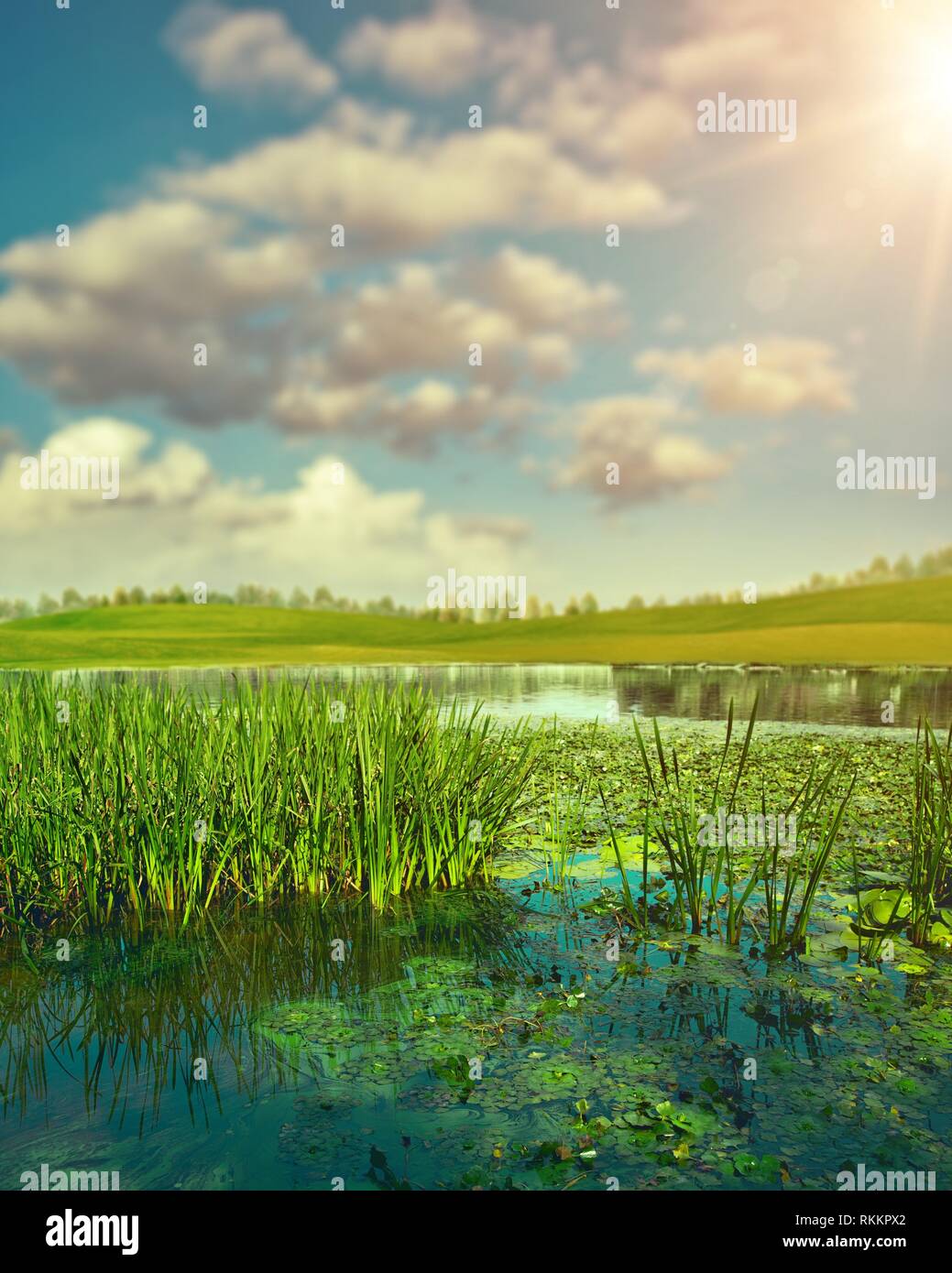 Sommer. Abstrakte saisonale Landschaft mit sauberer Fluss und die grünen Hügel unter der hellen Sonne. Stockfoto