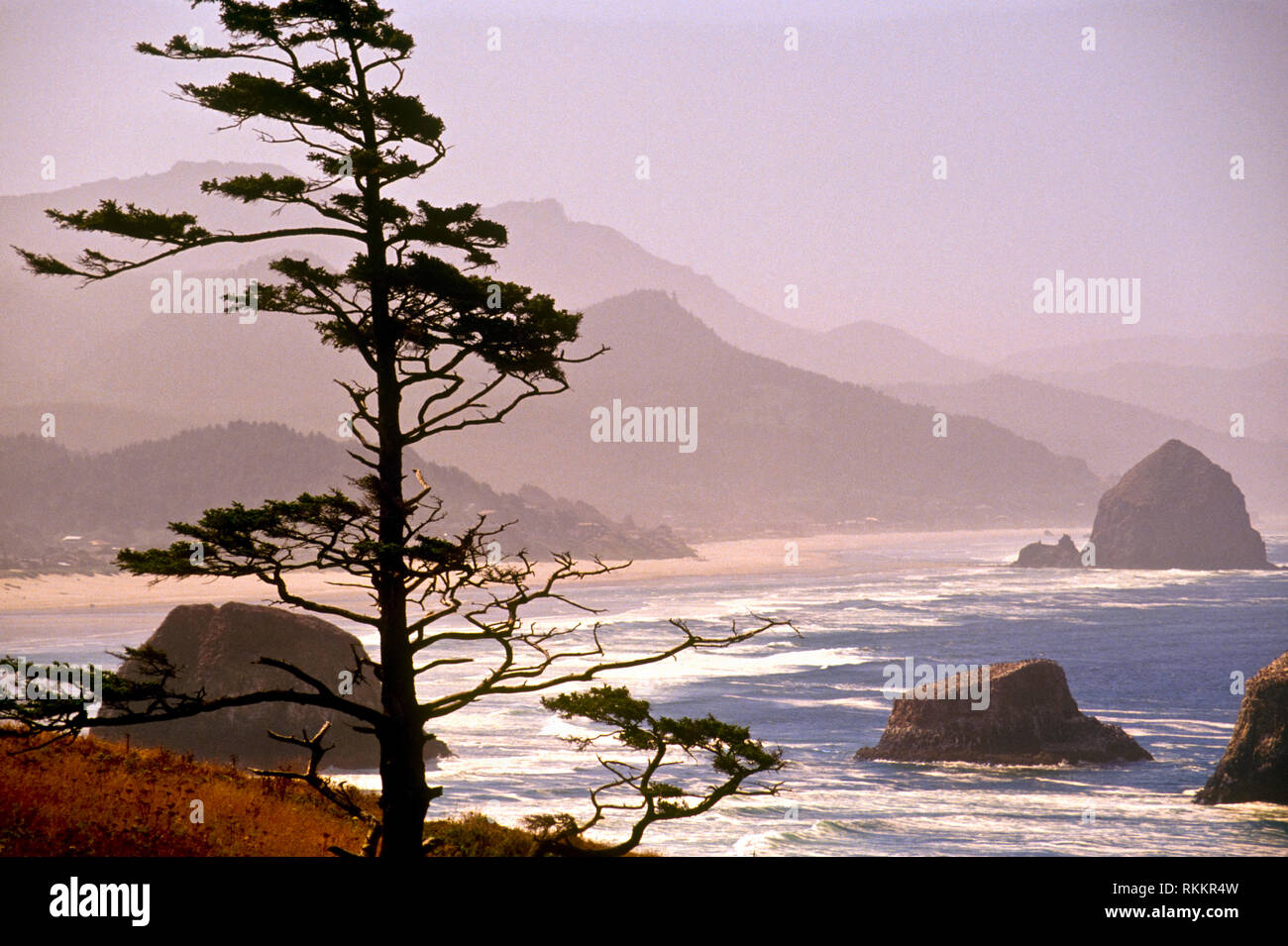 Ecola State Park, Haystack Rock, Cannon Beach an der pazifischen Küste mit einem Wind fegte Strand, weiße Surfen und nebligen Berge bei Sonnenuntergang, Oregon Stockfoto