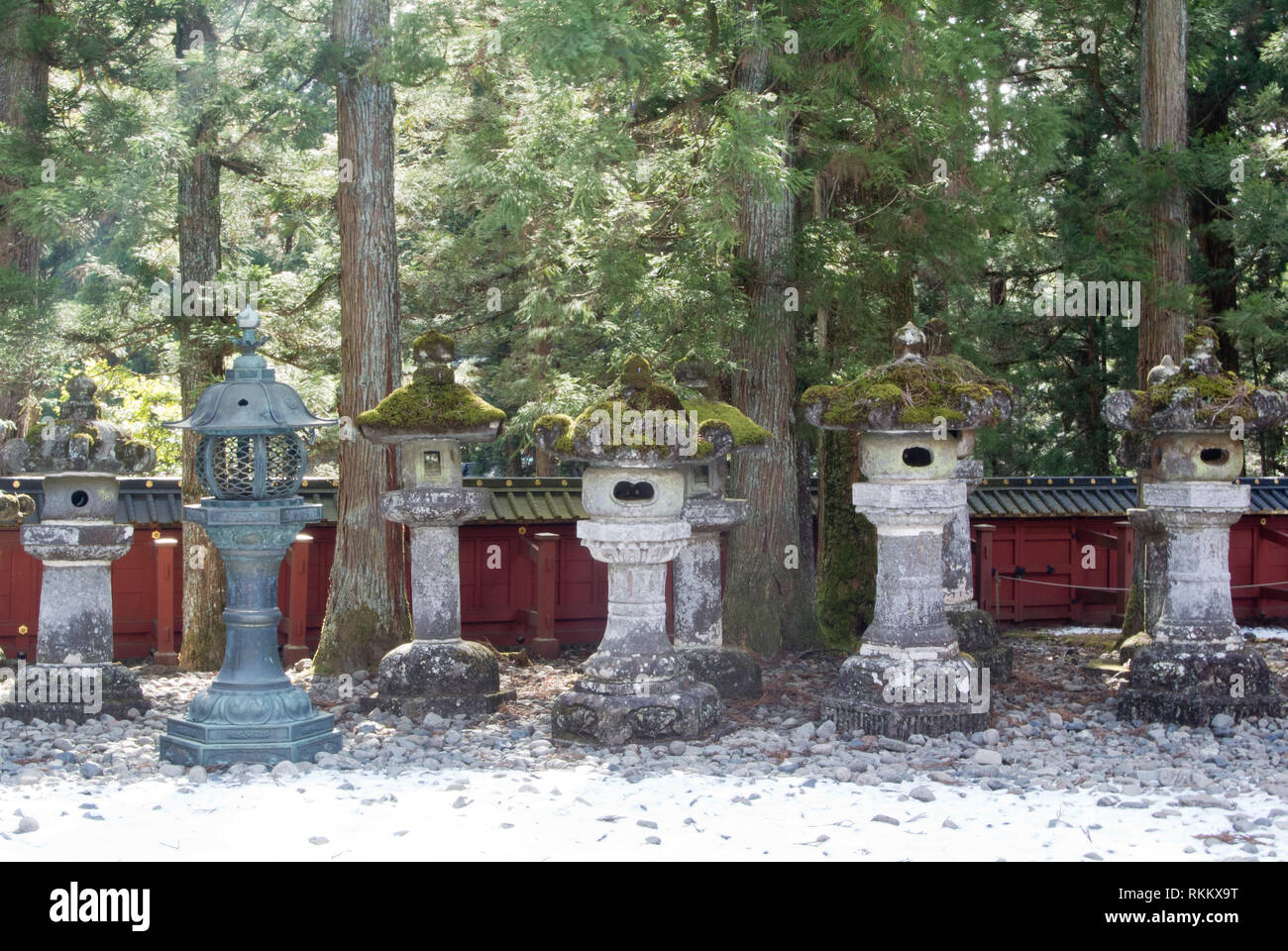 Moos bedeckt Steinlaternen an Tosho-gu, Nikko, Japan Stockfoto