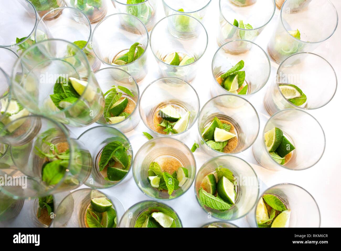 Mojito leere Gläser mit grünen Blättern, Zucker und Kalk. Hochzeit catering Getränke Konzept. Stockfoto
