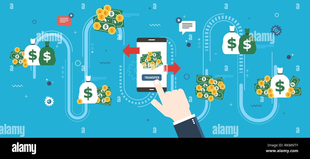 Überweisung, Transaktion Finanz- und Geld. Geschäftsmann hand Klick auf Schaltfläche Transfer im Smartphone bank App. die Übertragung von Geld verschiedenen Ein Stock Vektor
