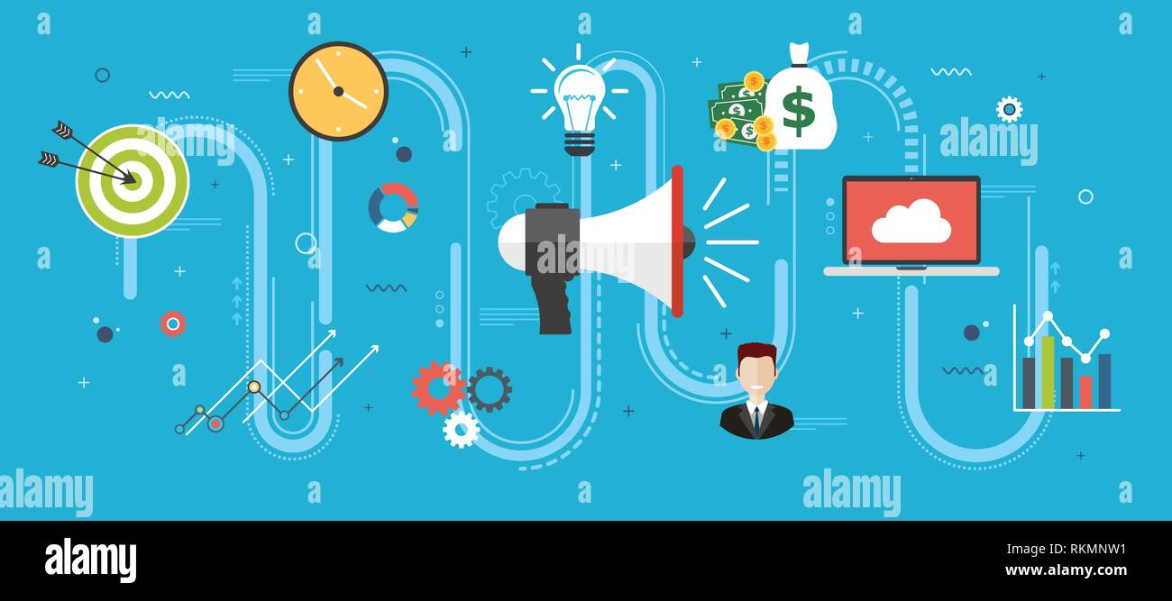 Management Und Strategie Ankundigung Und Das Wachstum Der Unternehmen Ankundigung Oder Bekanntmachung Forderung Und Wachstum Ein Produkt Service Oder Event Und Symbole Stock Vektorgrafik Alamy