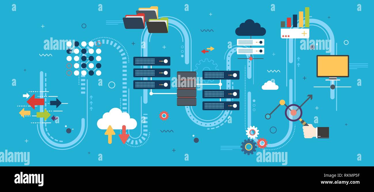 Netzwerk Server von Computern und Business Intelligence. Database Security System. Backup Data Traffic Analyse. Big Data und Cloud Computing banner Conc Stock Vektor