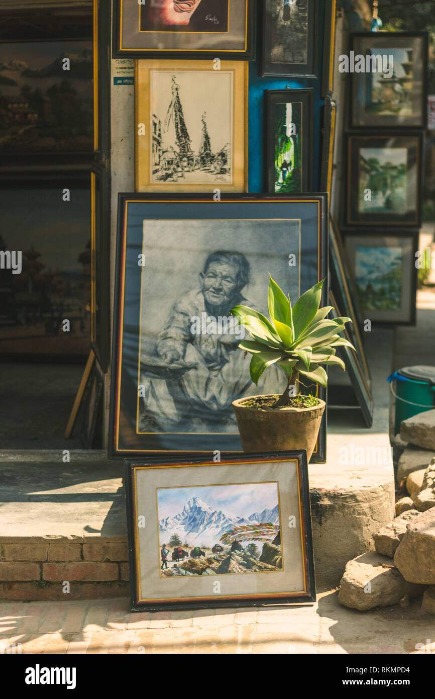 Eine Anlage in einer Vase außerhalb einer Art Shop Stockfoto