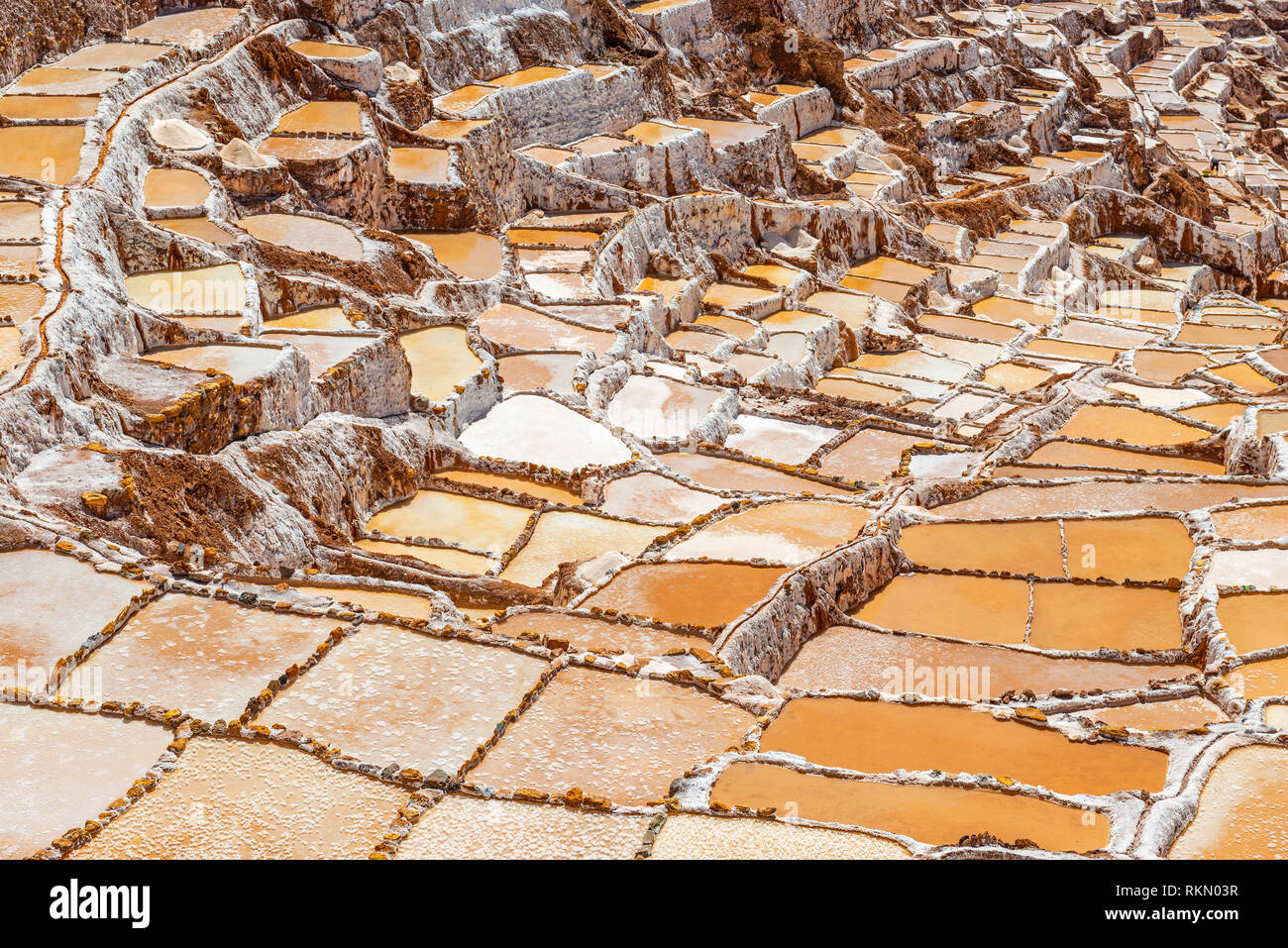 Landschaft der Maras Salzterrassen im Heiligen Tal der Inka, Cusco, Peru. Stockfoto
