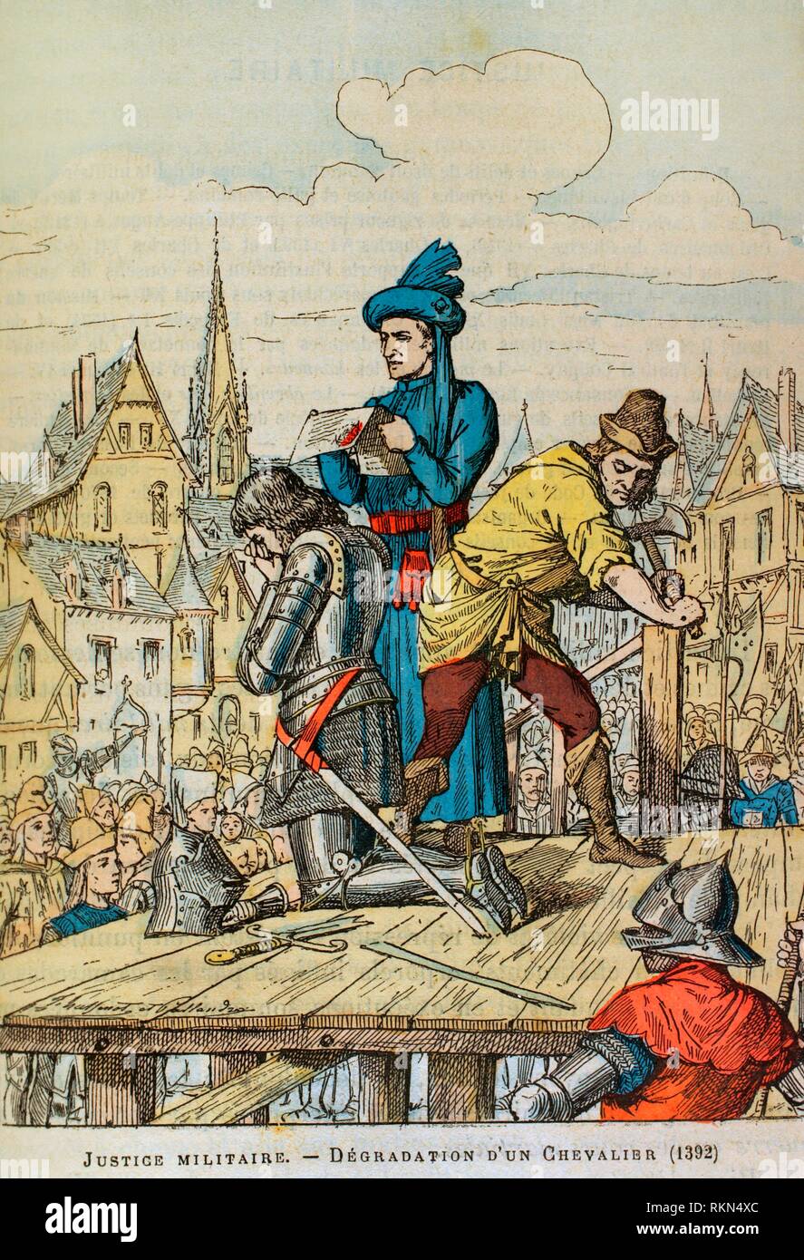 Caballería mittelalterliche. "Justicia Militar. Degradación de un Caballero, 1392. Si un caballero Ära penado incumplía sus obligaciones con la Degradación, cortando rompiendo espolones y sus sus Armas. Ilustración eine Farbe de la'Armeé Française, Nos Soldats' (Ejército Francés, Nuestros Soldados). Autor, Eugene Hennebert (1826-1896). París, h. 1890. Ilustración Hussenot firmada por y Pallandre. Biblioteca Histórico Militar de Barcelona, Cataluña, Spanien. Stockfoto