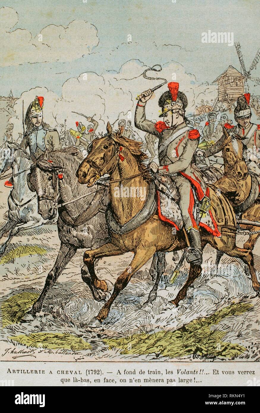 Edad Moderna. Ejército francés. Artillería. Artillería a Caballo, 1792. Ilustración eine Farbe de la'Armeé Française, Nos Soldats' (Ejército Francés, Nuestros Soldados). Autor, Eugene Hennebert (1826-1896). París, h. 1890. Ilustración Hussenot firmada por y Pallandre. Biblioteca Histórico Militar de Barcelona, Cataluña, Spanien. Stockfoto