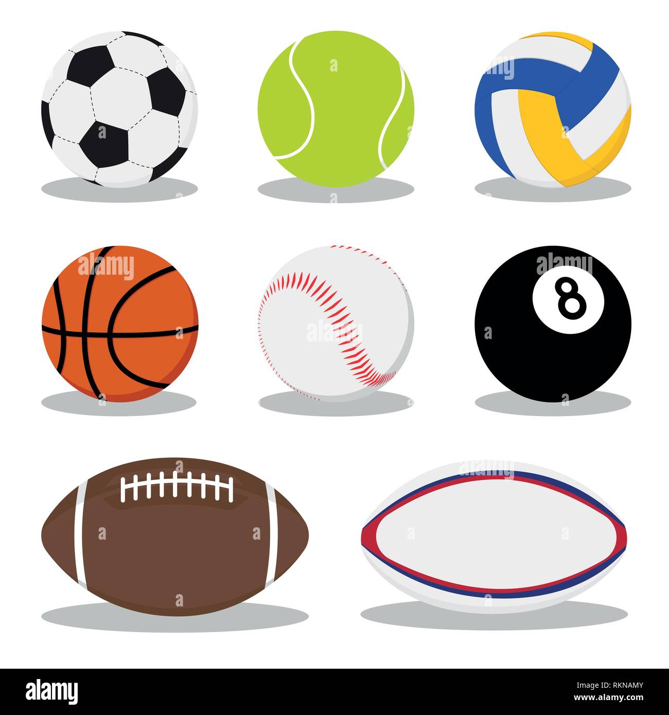 Sammlung von Sport Bälle. Fussball, Fußball, Tennis, Baseball, Basketball, Rugby, American Football, Volleyball. Flache design Vector illustration symbol Stock Vektor