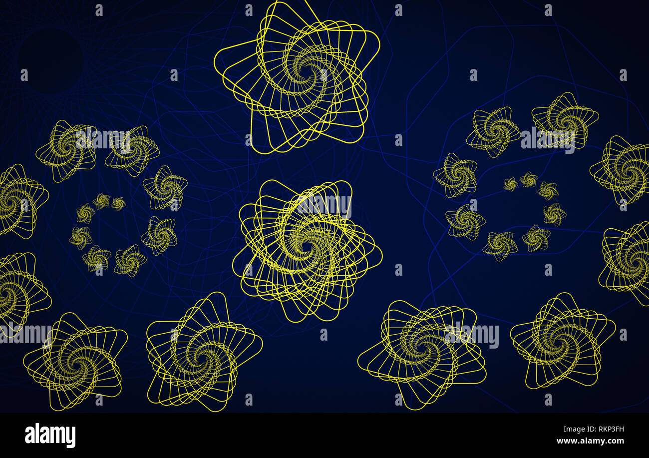 Curvy Muster von sich wiederholenden organische Formen in der Farbe Gelb auf blauem Hintergrund Geheimnis, futuristisch, Alien Stockfoto