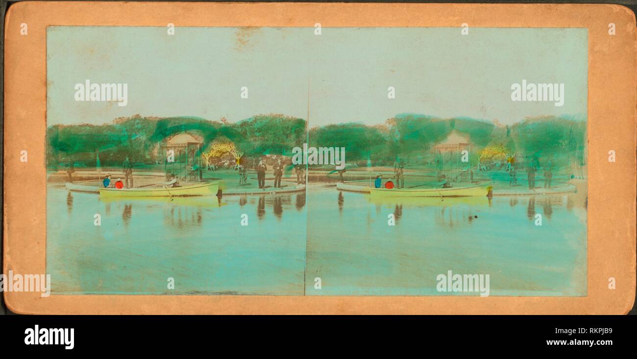 Eingefärbte Sicht von zwei Personen in einem Boot auf dem Teich. Robert N. Dennis Sammlung von stereoskopische Ansichten Vereinigte Staaten Massachusetts. Stockfoto