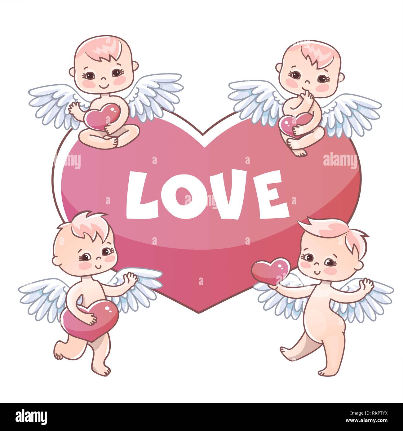 Engel babys Sticker für Geschenk am Valentinstag. Engel mit Herz in der Hand. Postkarte und Erklärung der Liebe Stock Vektor