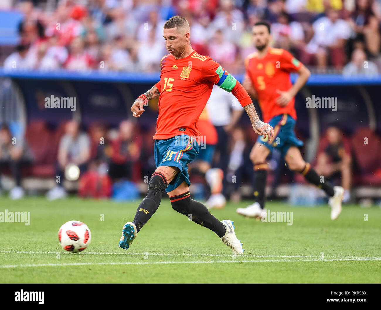 Moskau, Russland - Juli 1, 2018. Spanien National Football Team Captain Sergio Ramos während der Fußball-WM 2018, die von 16 Spanien vs Russland. Stockfoto