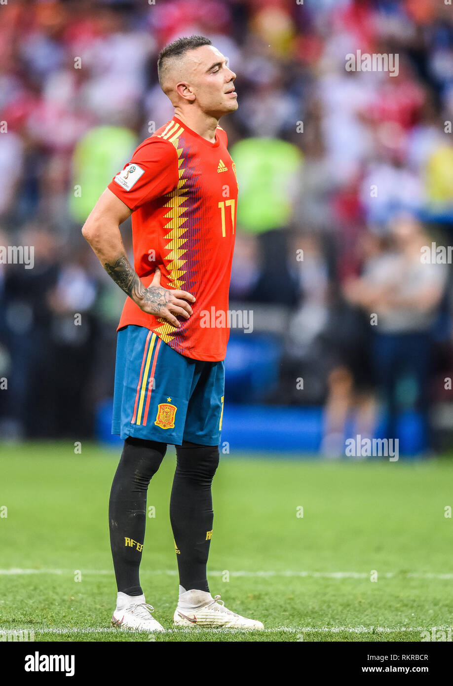 - Moskau, Russland - Juli 1, 2018. Spanien Fußball-Nationalmannschaft Stürmer Jago Aspas beim Elfmeterschießen in FIFA WM 2018 Runde 16 Spai Stockfoto