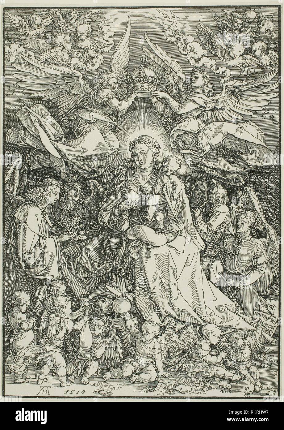 Madonna, Königin der Engel - 1518 - Albrecht Dürer Deutsch, 1471-1528 - Künstler: Albrecht Dürer, Herkunft: Deutschland, Datum: 1518, Medium: Holzschnitt in Schwarz auf Stockfoto