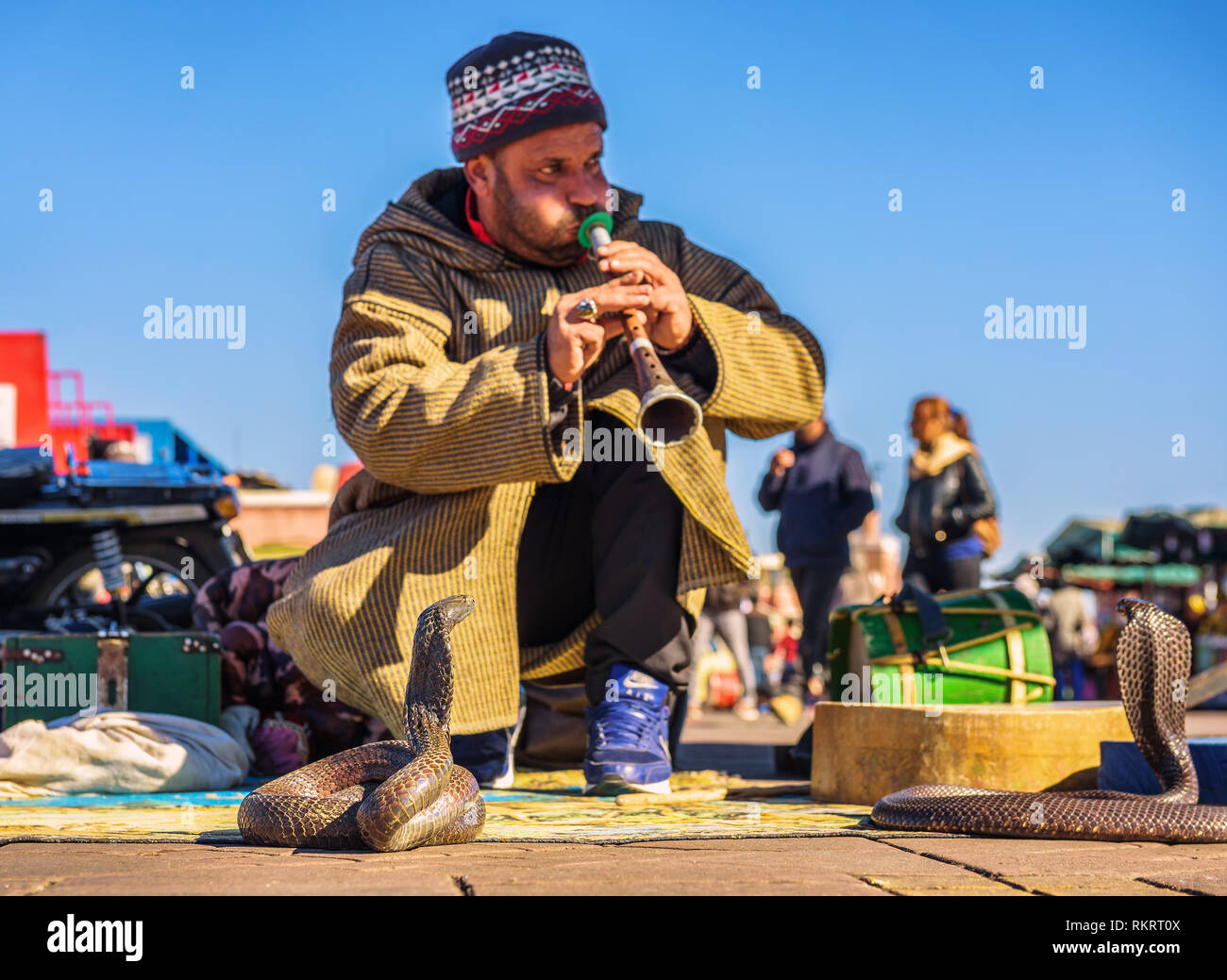 Schlangenbeschwörer spielt Musik für seine Cobra am Jemaa el-Fnaa Platz in Marrakesch Stockfoto