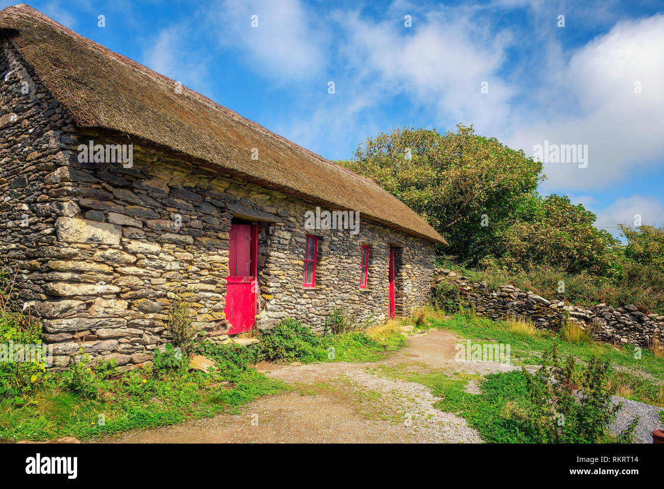Slea Head Hungersnot Cottages in Irland Stockfoto