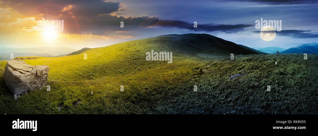 Tag und Nacht Zeit ändern Konzept über Panorama der grasbewachsenen Hügel mit Rock. schönen Sommer Landschaft mit Sonne und Mond. erstaunliche Natur Landschaft. Drama Stockfoto