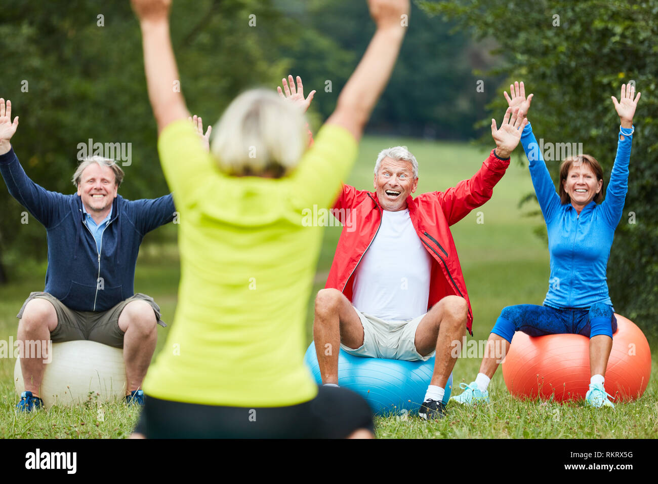 Aktive Senioren zurück Ausbildung zusammen im Park auf gymnastikbälle Stockfoto