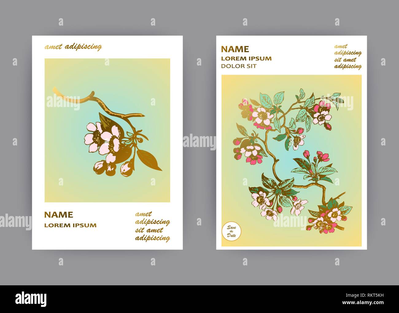 Botanische Hochzeit Einladungskarte Vorlage Design Hand Gezeichnet Sakura Blumen Und Blattern Auf Den Asten Vintage Landlichen Kirschblute Auf Grun Gold Hinterg Stock Vektorgrafik Alamy