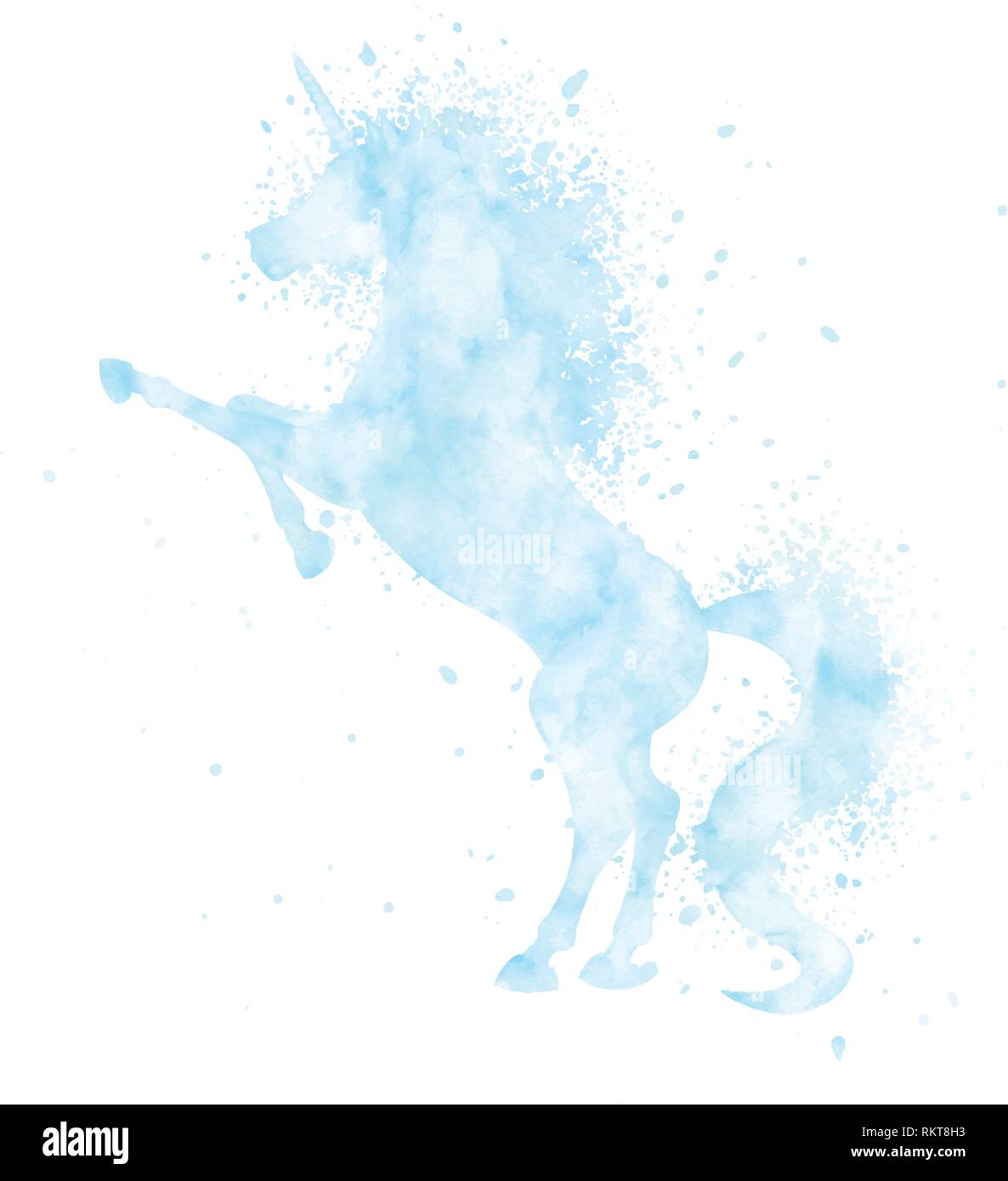 Aquarell Einhorn silhouette Malerei mit Splatter auf weißem Hintergrund. Blue Magic Kreatur Vector Illustration. Stock Vektor