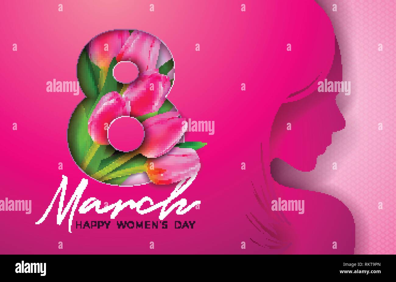 8. März. Tag der Frauen Grußkarte Design mit junge Frau Silhouette und Tulpe Blume. Internationalen weiblichen Feiertag Illustration mit der Typographie Stock Vektor