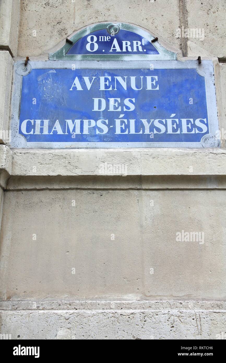 Paris, Frankreich - Champs Elysees Straßenschild. Einer der berühmtesten Straßen der Welt. Stockfoto