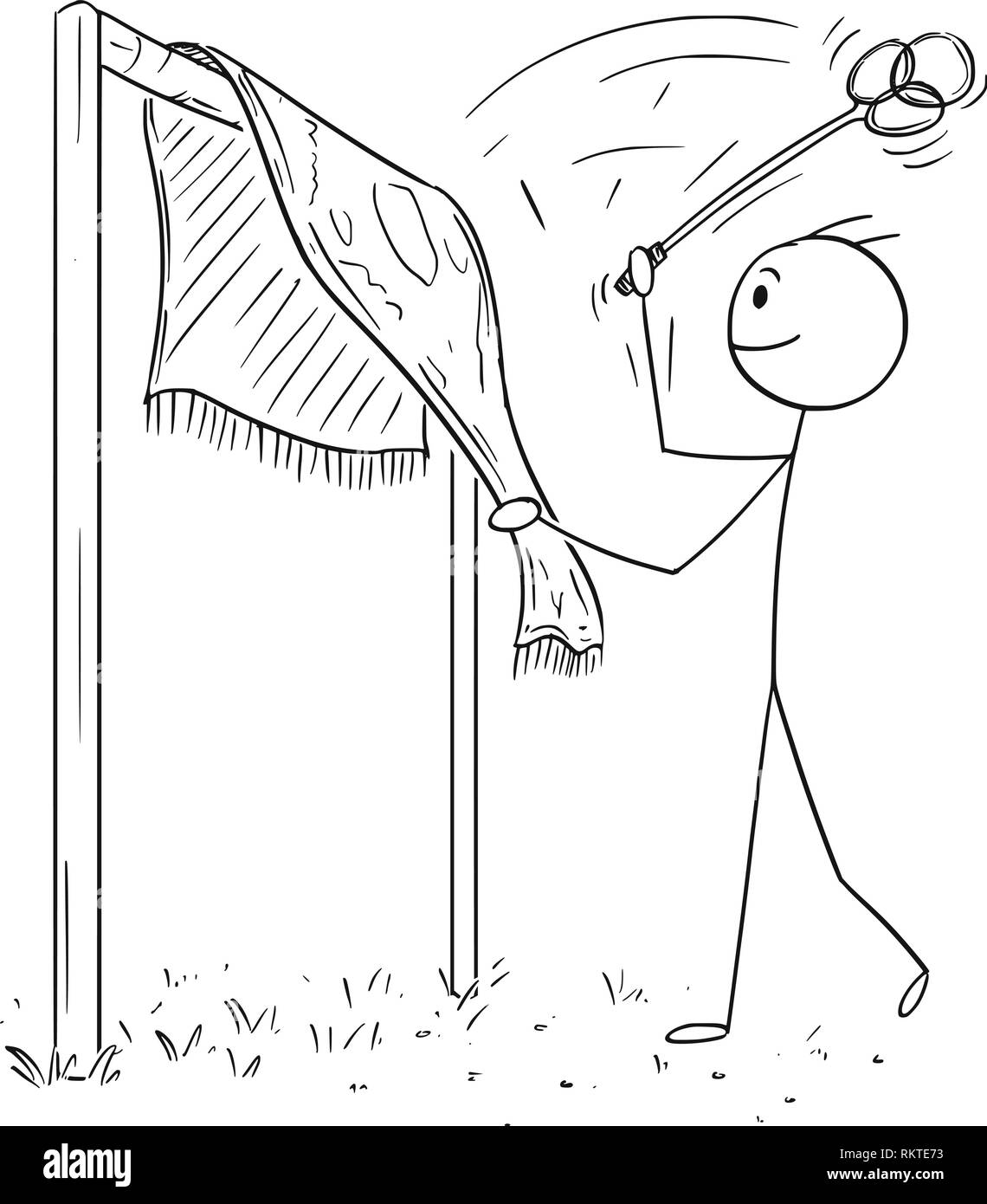 Cartoon Zeichnung des Menschen schlagen Wolldecke oder Teppich mit Auswurftrommel oder Peitsche Stock Vektor