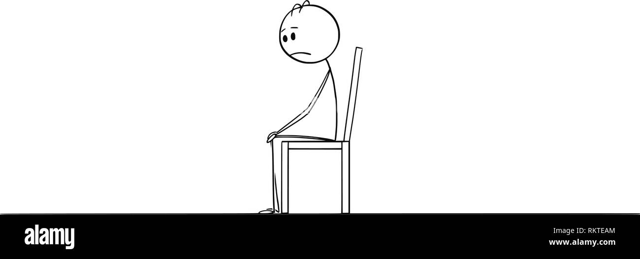 Cartoon Zeichnung von einsamen depressiven Mann sitzt allein auf dem Stuhl im leeren Raum oder Zimmer Stock Vektor