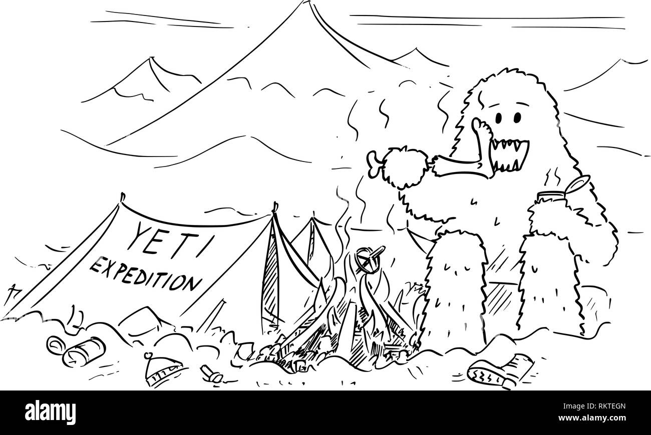 Cartoon Zeichnen von Yeti Wer ist Essen oder verzehrenden Alpinist im Basislager Stock Vektor