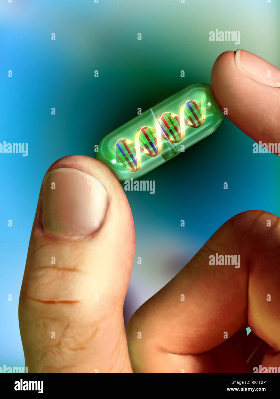 Männliche hand mit einem transparenten Pille. Ein DNA-Strang ist sichtbar im Inneren der Pille. Digitale Illustration. Stockfoto