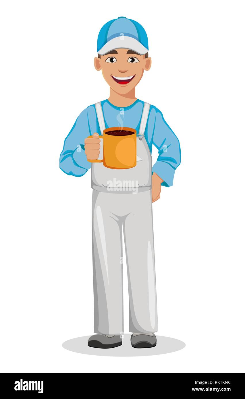 Maler Mann hält große Tasse Kaffee. Dekorateur cartoon Charakter. Vector Illustration auf weißem Hintergrund. Stock Vektor