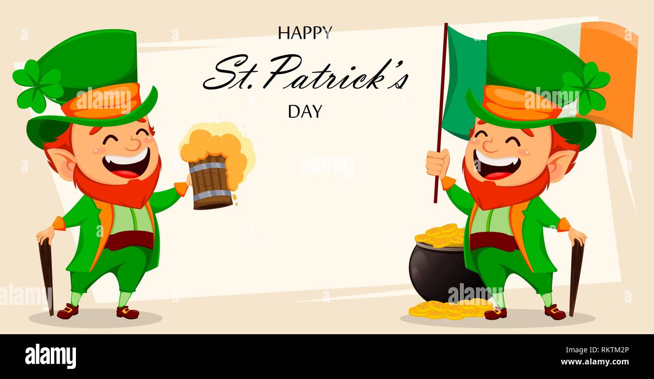 Saint Patrick's day Grußkarte mit zwei Lustige Kobolde. Niedliche Comicfiguren holding Irland Flagge und halten ein Pint Bier. Vektor illustrati Stock Vektor