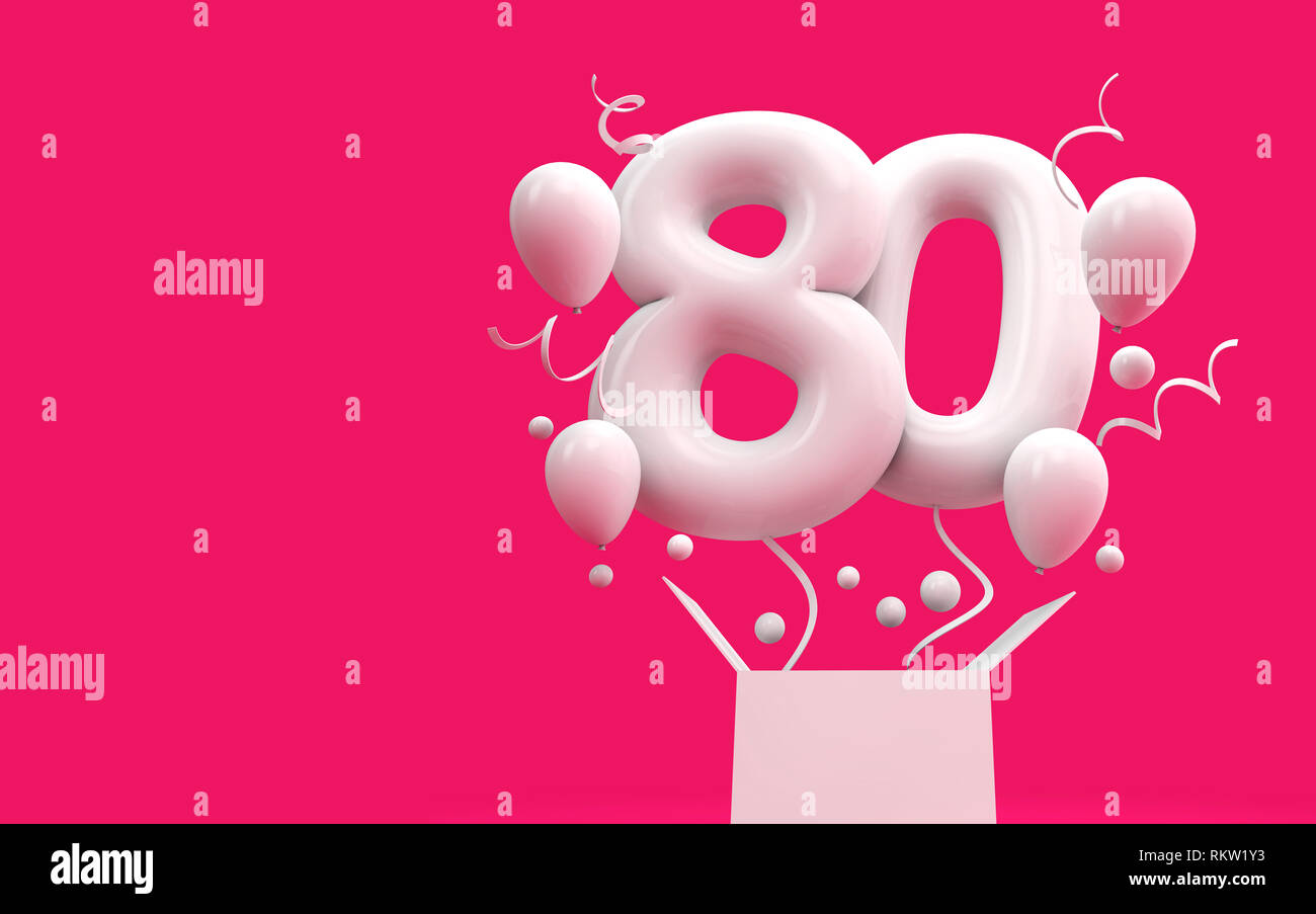 Glücklich 80. Geburtstag überraschung Ballon und Box. 3D-Rendering  Stockfotografie - Alamy
