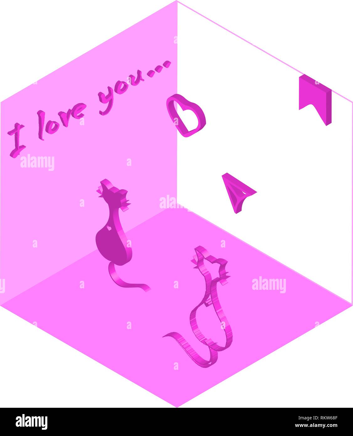 Die Botschaft der beiden Katzen in der Liebe in einem kleinen Zimmer in isometrischer. Valentinstag. Stock Vektor