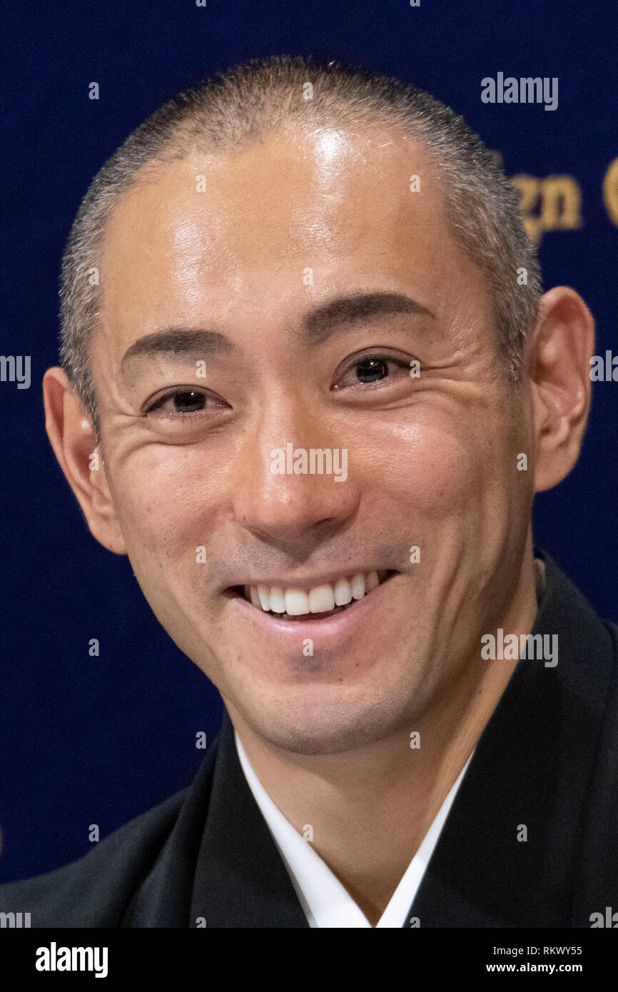 Kabuki Schauspieler Ichikawa Ebizo XI besucht eine Nachrichten Konferenz an der ausländischen Korrespondenten "Club für Japan am 13. Februar 2019, Tokio, Japan. Ebizo XI, dessen realer Name Takatoshi Horikoshi kam zu dem Club seine Gedanken auf, wie Sie die Modernisierung des Kabuki, während seine Traditionen Schutz zu geben. Credit: Rodrigo Reyes Marin/LBA/Alamy leben Nachrichten Stockfoto