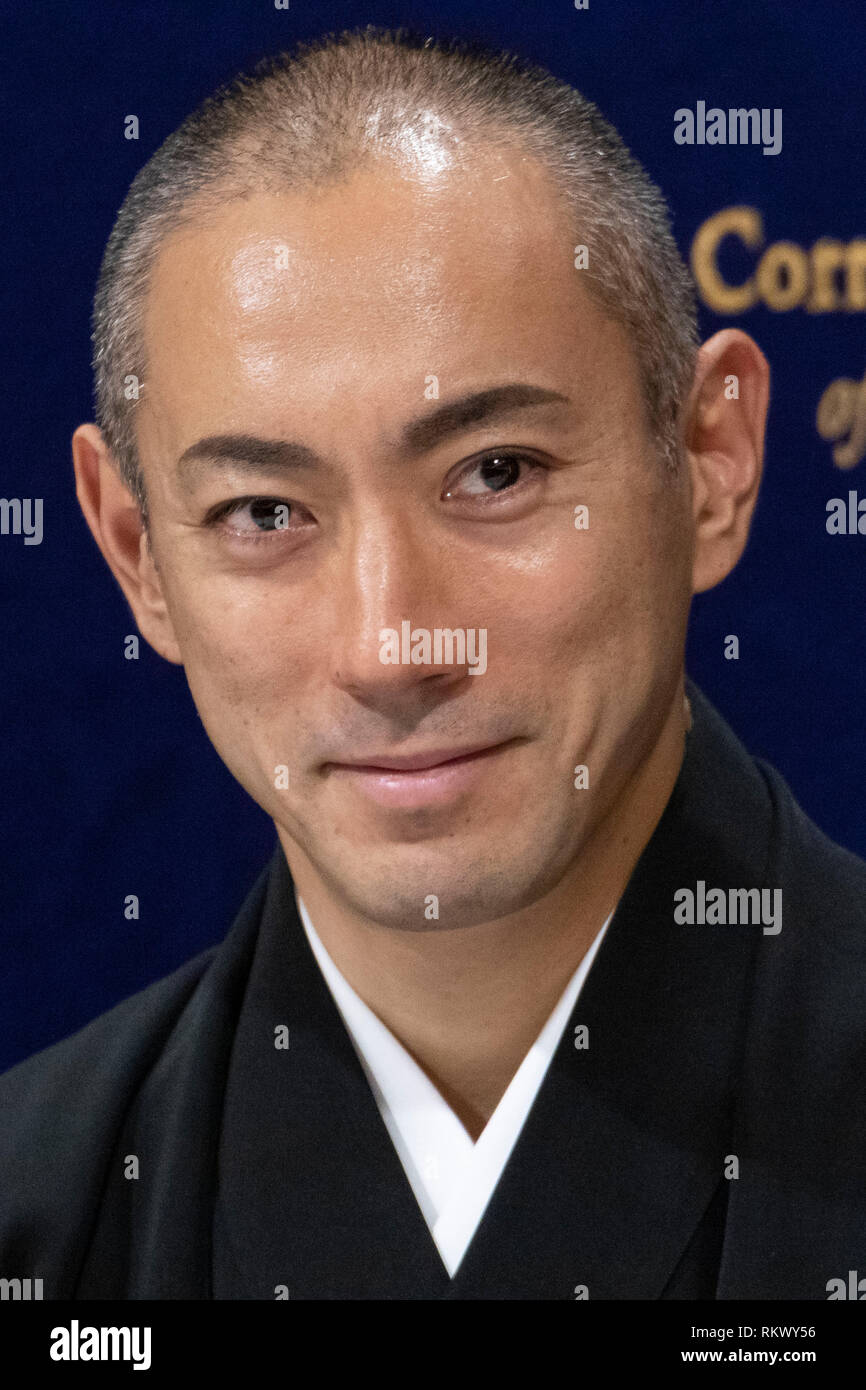 Kabuki Schauspieler Ichikawa Ebizo XI besucht eine Nachrichten Konferenz an der ausländischen Korrespondenten "Club für Japan am 13. Februar 2019, Tokio, Japan. Ebizo XI, dessen realer Name Takatoshi Horikoshi kam zu dem Club seine Gedanken auf, wie Sie die Modernisierung des Kabuki, während seine Traditionen Schutz zu geben. Credit: Rodrigo Reyes Marin/LBA/Alamy leben Nachrichten Stockfoto
