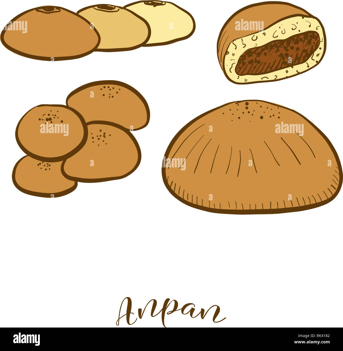 Farbige Skizzen von Anpan Brot. Vektor Zeichnung von süßen Brötchen essen, in der Regel in Japan bekannt. Farbige Brot Abbildung Serie. Stock Vektor