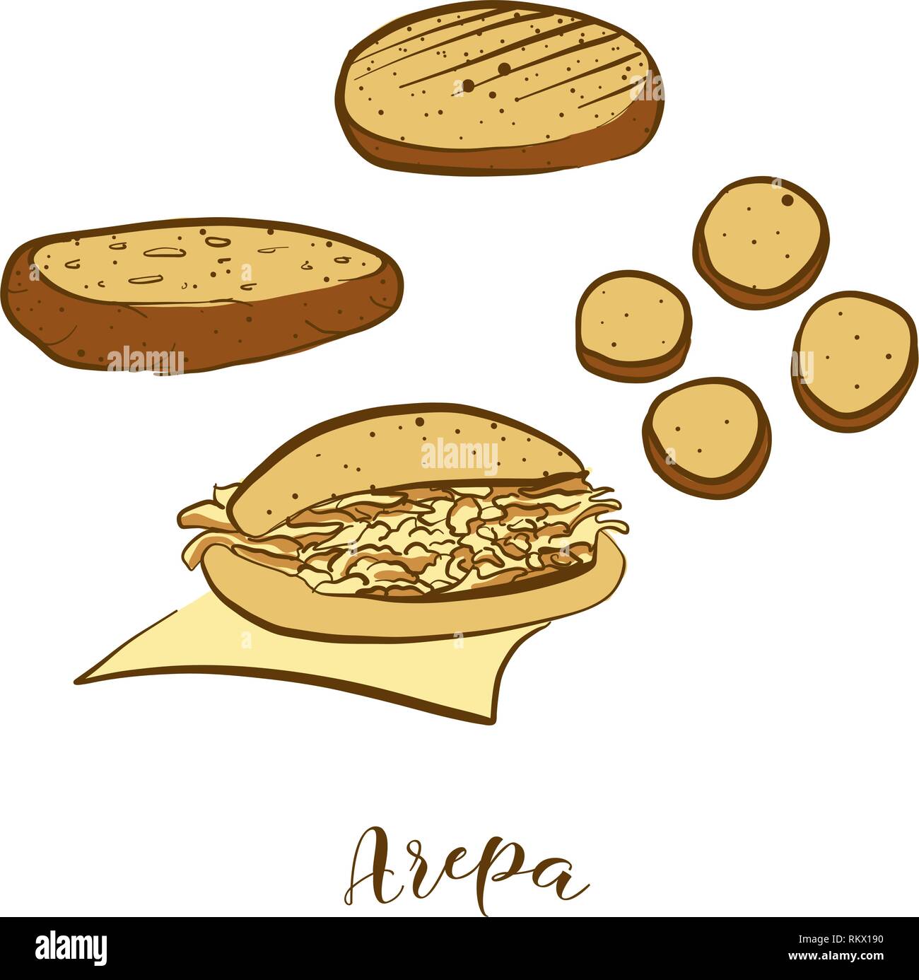 Farbige Skizzen von Arepa Brot. Vektor Zeichnung der Cornbread Essen, in der Regel in Südamerika bekannt. Farbige Brot Abbildung Serie. Stock Vektor
