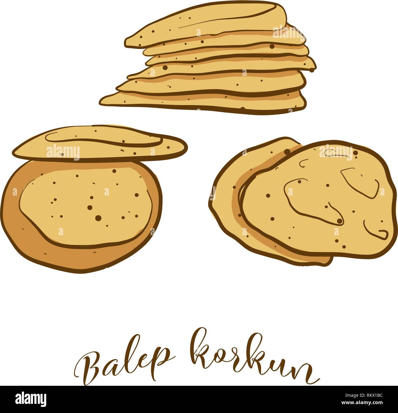 Farbige Skizzen von Balep korkun Brot. Vektor Zeichnung von Fladenbrot Essen, in der Regel in Tibet bekannt. Farbige Brot Abbildung Serie. Stock Vektor