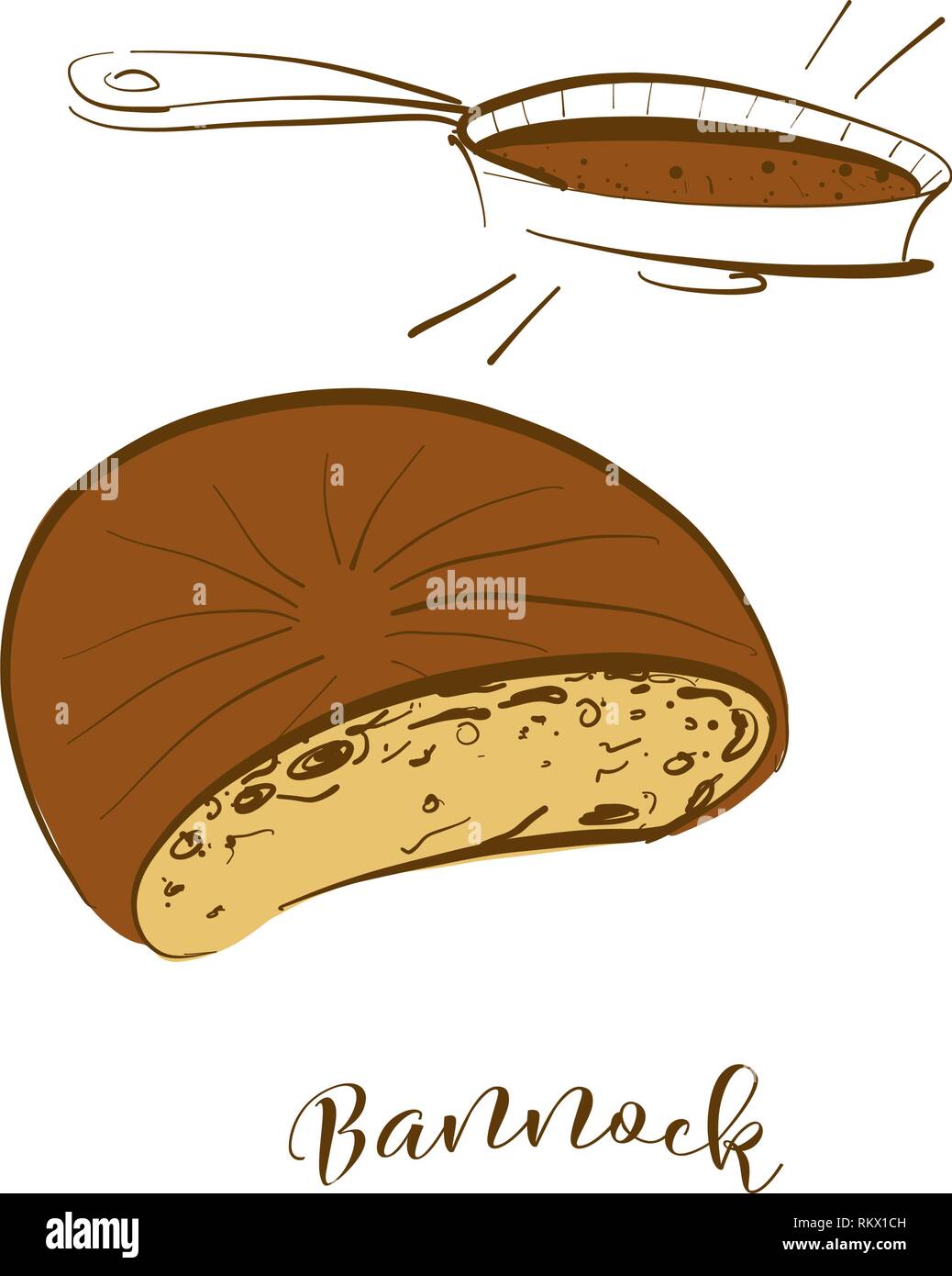 Farbige Skizzen von Bannock Brot. Vektor Zeichnung von Fladenbrot Essen, in der Regel in Großbritannien, Schottland bekannt. Farbige Brot Abbildung Serie. Stock Vektor