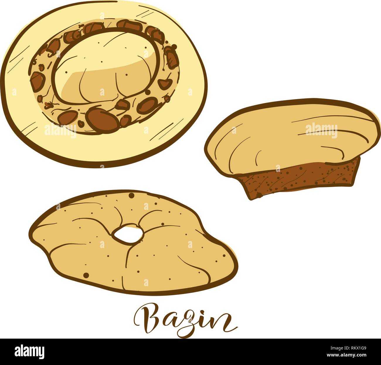 Farbige Skizzen von Bazin Brot. Vektor Zeichnung von Fladenbrot Essen, in der Regel in Libyen bekannt. Farbige Brot Abbildung Serie. Stock Vektor