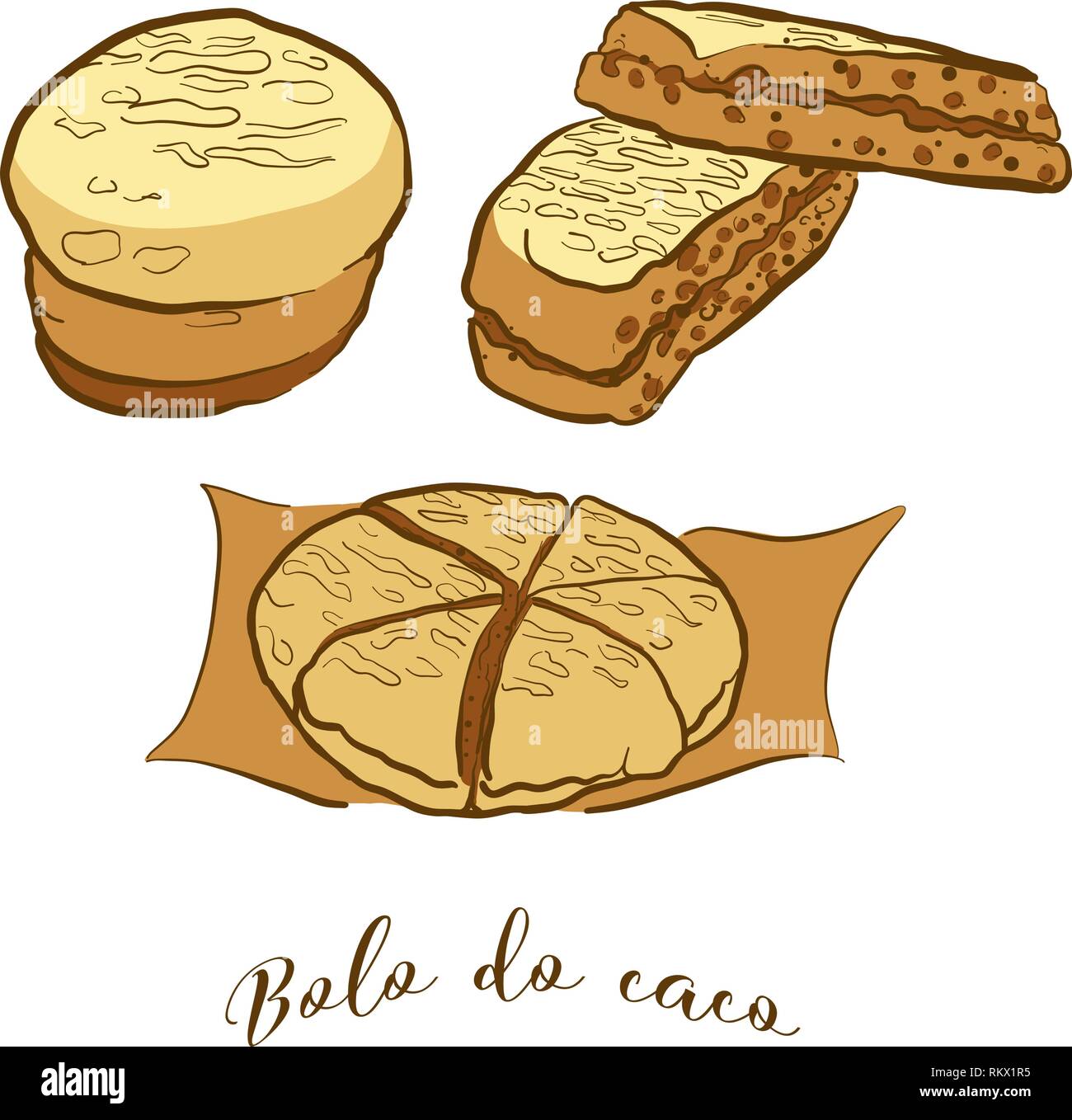 Farbige Skizzen von bolo do Caco Brot. Vektor Zeichnung von Fladenbrot Essen, in der Regel in Portugal, Madeira bekannt. Farbige Brot Abbildung Serie. Stock Vektor